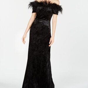 Calvin Klein Velvet Feather-Trim Gown